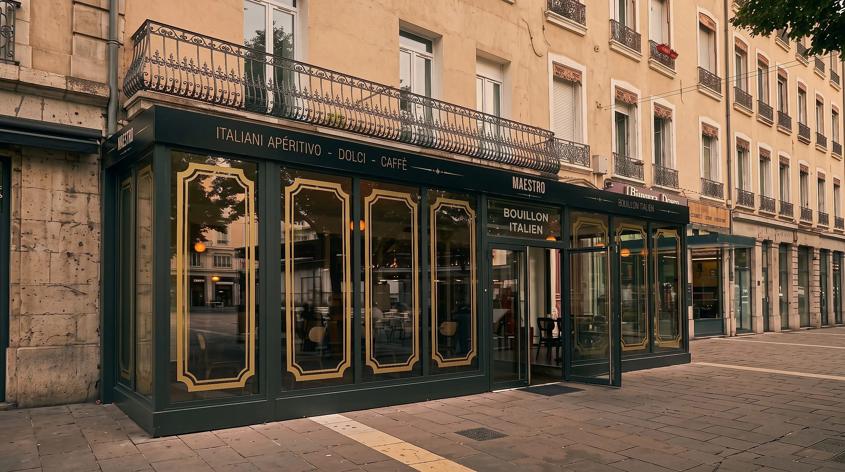 Façade de Maestro, bouillon italien, place Grenette à Grenoble : devanture vert foncé, filets dorés et enseigne « Italiani apéritivo · dolci · caffè »
